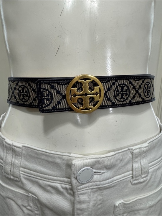 Tory Burch Black and Beige Logo Web Belt with Gold Medallion Buckle Size Small main image 4